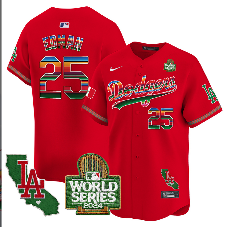 Men MLB Mexico Los Angeles Dodgers 25 Edman red 2024 World Series Champions Patch Jersey 2024110